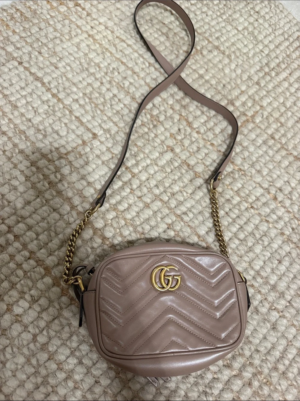 Gucci Pink-Taupe Chevron Quilted Leather Crossbody with Gold GG